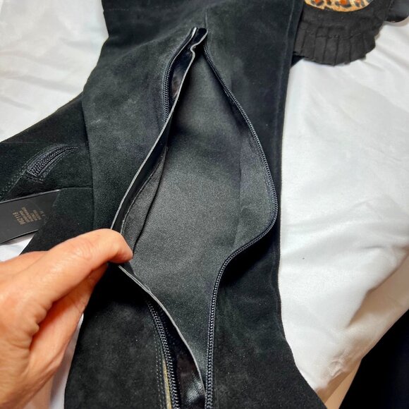 Hot In Hollywood-Black Leather Over Knee 4" Heels-Cheetah Print Inside-Ruffle-6M - Picture 14 of 16